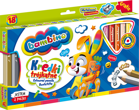 Kredki trójkątne BAMBINO w oprawie drewnianej 18kol. temperówka